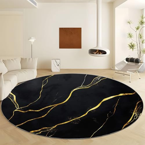 Runder Rutschfester Teppich 150 cm, Goldlinien Aus Marmor Waschbarer Runder Teppich, Weicher Schwarzes Gold Runder Teppich für Küche, Waschraum, Wohnzimmer, Esszimmer