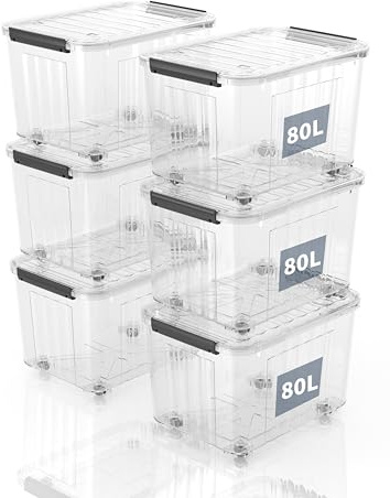 SpaceXpert Scatole Portaoggetti, Casse di stoccaggio 80L, Contenitori in Plastica con Coperchio e Ruote, a Righe, Trasparente, Impilabile, Antipolvere, per Casa, Ufficio e Garage, 80L, Set di 6