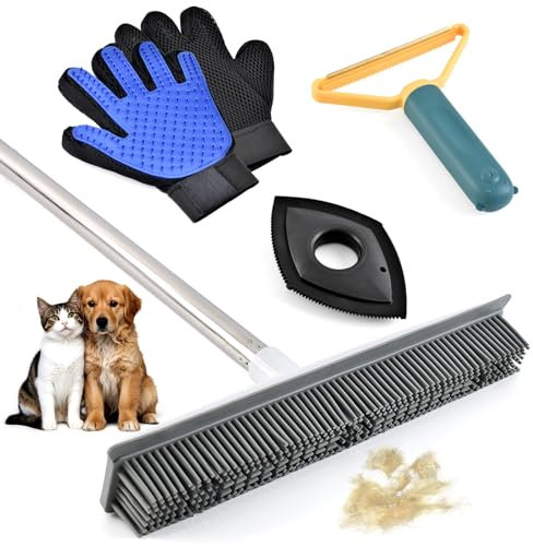Rubber Broom and Pet Hair Removal Brush Set for Carpet,2 Pack Pet Dog Cat Grooming Glove/Carpet Rake For Pet Hair Removal