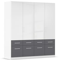 Rauch Möbel Aberdeen, Drehtürenschrank, Kleiderschrank, Schrank, Garderobe, 4-türig, 8 Schubladen in Absetzung Grau metallic, Schwarz, Farbe Weiß/Hochglanz weiß, Griffe Weiß, 181x197x54cm