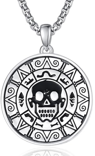 ADMETUS Fluch der Karibik Kette Silber 925 Azteken Anhänger Kette Pirat Totenkopf Kompass Halskette Schmuck Geschenke für Herren Männer