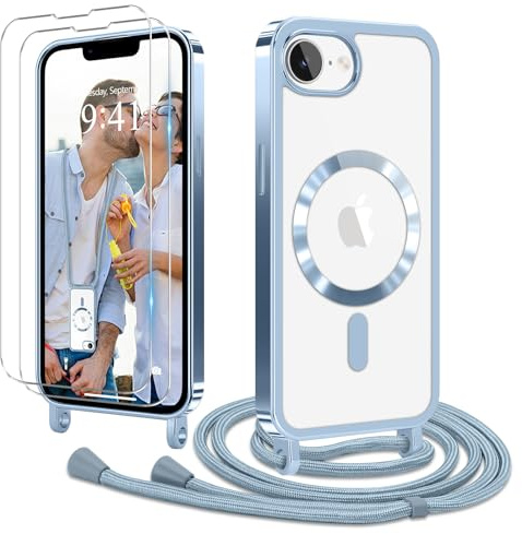 Ethanger für iPhone 17e iPhone 16e Hülle mit Band + 2 Schutzfolie, Blau | Handyband Transparent Silikon Handyhülle, Magnetische Schutzhülle Case zum Umhängen Kordel