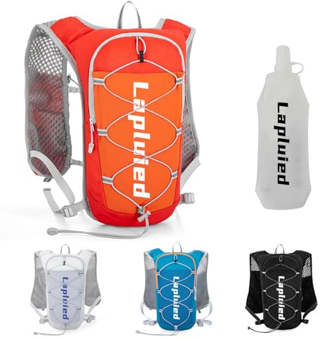Lapluied 5L Laufweste Damen & Herren mit 500ml Trinkflasche, Verstellbare Laufrucksack mit 9 Taschen, 160g Ultraleicht Trinkweste Laufen Reflektierend Running Vest für Fitness Outdoor, Orange