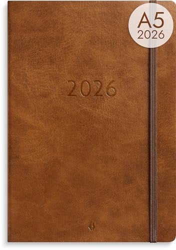 Burde Agency A5, Deluxe-Form, Braun, Kalender 2026, Wochenplaner mit Kunstledereinband, vertikales Design, 176 Seiten
