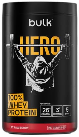 Bulk Hero Whey Protein Powder, Strawberry | 26 Servings, 26g Protein + 3g Creatine, 5g BCAAs, Low Sugar, Fast Absorption, Isolate, Hydrolysed & Concentrate Blend