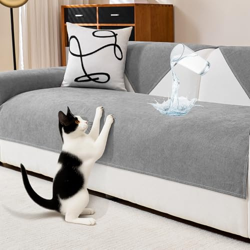 DeepDream Wasserdicht Sofa Überzug Chenille Sofabezug, Kratzfest Hund Katze Sofaschoner, Rutschfester Sofa Cover Couch Überzug 2 3 4 Sitzer für U Form L Form Sektionssofa (Hellgrau, 90 * 120cm)