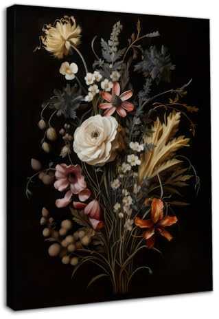 Dazzlewall Vintage Blumen Wandbilder Schwarze Botanische Leinwand Bilder Moody Poster Dunkel Academia Ästhetische für Schlafzimmer Wohnzimmer Mit Rahmen 30x40 cm