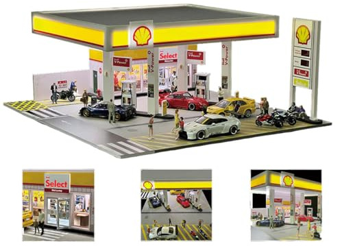 Shell Tankstelle Szene Modell, 1:64 Detailreiche Miniatur Gebäude Bauszene mit LED-Beleuchtung & Zubehör für Autoszene Im Maßstab 1/64, Modularer Aufbau für Display, Sammlung & Enthusiasten