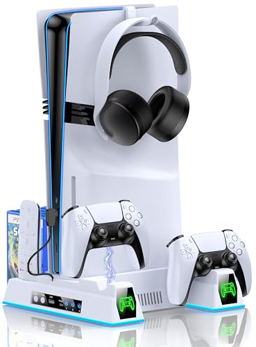 BEBONCOOL HOTS PS5/PS5 Slim/PS5 Pro Ständer, Vertikalständer mit 3 stufig Lüfter&Buntem Licht, Headset-Halter/Remote Steckplatz/Controller-Ladestation/11 Spiele Aufbewahrung/2 USB-Ports-normal