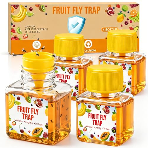 Fruchtfliegenfalle 4 Stück Fliegenfalle Innenbereich | Obstfliegenfalle Bekämpfen für Küche Obstkorb, Spüle, Vorrat, mit Trichter bis zu 3 Wochen Leistung pro Flasche