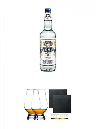 Bommerlunder Aquavit 0,7 Liter + The Glencairn Glas Stölzle 2 Stück + Schiefer Glasuntersetzer eckig ca. 9,5 cm Ø 2 Stück