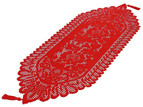 mookaitedecor Rot Spitze Tischläufer Modern Spitzenstoff Deko Waschbar Tischwäsche für Wohnzimmertisch Hochzeit Party Weihnachten, 33 x 90 cm