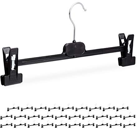 Relaxdays 30 x Hosenbügel Kunststoff, Klemmbügel verstellbar, drehbarer Metallhaken, Rockbügel, HxBxT: 14 x 36 x 3 cm, schwarz
