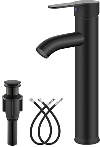 gotonovo Vessel Sink Faucet Modern Bathroom Faucet 1 Hole Deck Mount Lavatory Vanity Single Handle Mixer Tap with Water Supply Hoses and ABS Pop Up Drain Without Overflow, Matte Black