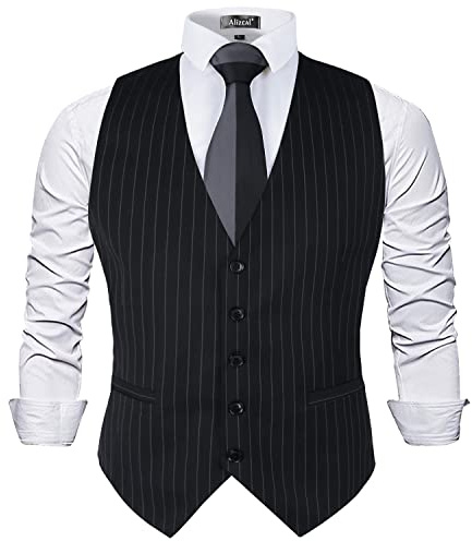 Alizeal Mens Pinstripe Business Formal Suit Vest, Black-XL