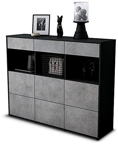 Stil.Zeit Highboard Kommode Stella, Korpus anthrazit matt, Front Industrie-Design Beton (136x108x35cm), Push-to-Open Technik & Leichtlaufschienen