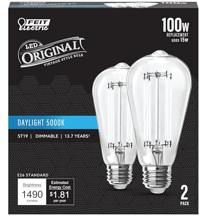 Feit Electric ST19 Vintage Edison LED Light Bulb, 100W Equivalent, Dimmable, 5000K Daylight, 1490 Lumens, E26 Base, Retro Filament Light Bulbs, 15,000-Hour Lifetime, ST19100CL/950CA/2, 2 Pack
