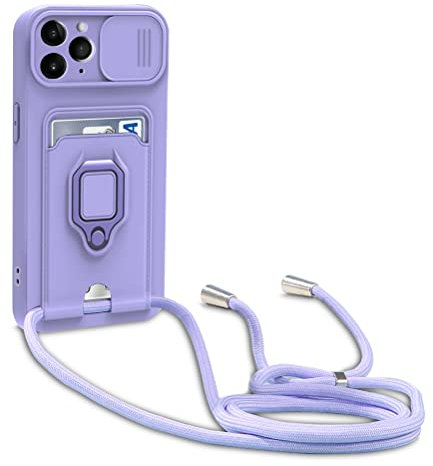 yanasuo Schiebe Kameraschutz Silikon Handykette Hülle kompatibel mit iPhone 11 Pro Max, Metall Ring Halter Handy Cover,Verstellbarer Halskette Handyhülle-Lila