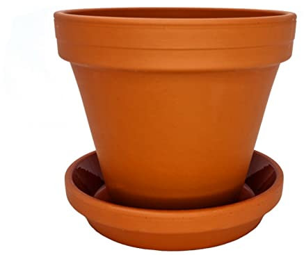 meindekoartikel 1 Topf und 1 Untersetzer aus Ton - Blumentopf Pflanzgefäß für Garten, Balkon und Zuhause (2tlg.Set - Ø 16 cm)