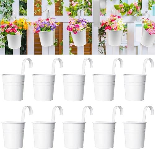 KAHEIGN 10 Pezzi Vasi da Fiori D'attaccatura del Metallo, 10CM Bianco Vasi per Piante Secchio per Fiori Sospeso con Gancio Staccabile per Ringhiera Balcone Recinzione Giardino Casa Arredamento