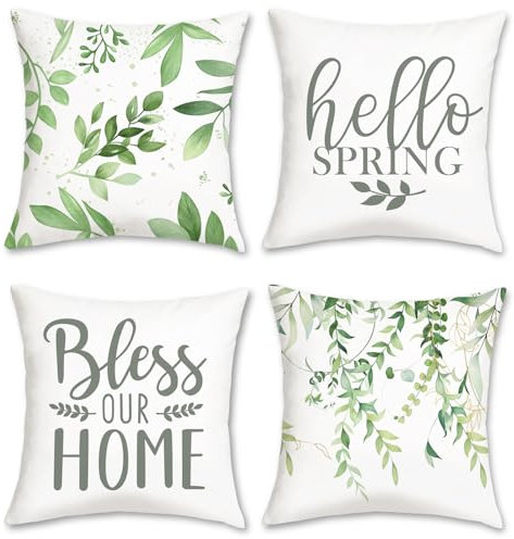 Bonhause 4er Set Kissenbezüge Frühling Blätter 45 x 45 cm Grün Pflanze Samt Soft Dekorative Kissenhülle Zierkissenbezüge für Sofa Schlafzimmer Wohnzimmer Zuhause Dekoration