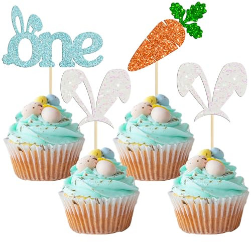 Gyufise 24Pcs Easter One Cupcake Toppers Blue Glitter Bunny Ear Carrot Cake Toppers Decorations For Bunny Easter Theme Kids 1st Birthday Babyshower Party Decorations