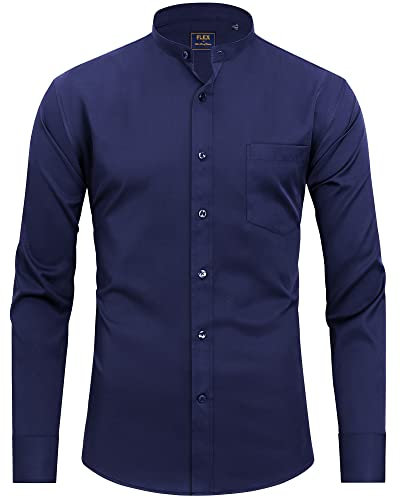 J.VER Mens Navy Blue Grandad Collar Dress Shirt Regular Fit Long Sleeve Casual Non Iron Button Down Banded Collar Shirt with Pocket XL