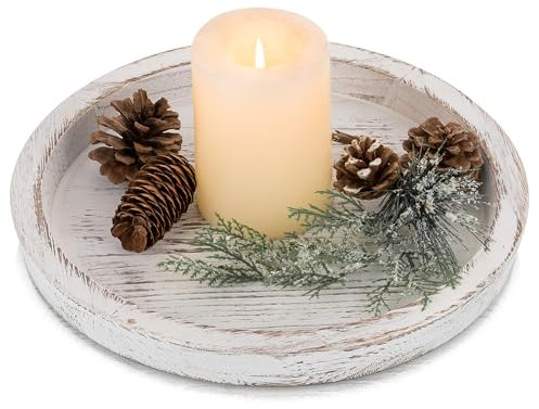 Hanobe Wooden Coffee Table Tray: Round Decorative Wood Serving Tray Rustic White Centerpiece Candle Holder Trays Farmhouse Ottoman Tray for Decor Kitchen Counter Home Decor