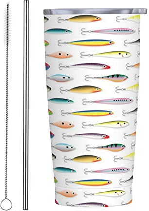 IUBBKI Vaso de viaje de 20 onzas, estilo cebo, sin BPA, con tapa a prueba de fugas, taza de paja de coche, taza de acero inoxidable de doble pared para el hogar, oficina, camping