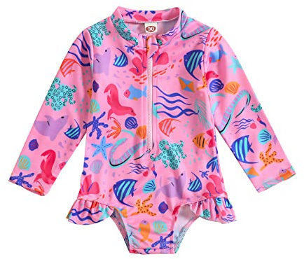 Generisch Schwimmsachen Kinder Kleinkind Sommer Mädchen Langarm Cartoon Marine Print Mode Rüschen Bademode Badeanzug Bikini Baby Badehose mit Surfbrett-Print (Pink, 2-3 Years)