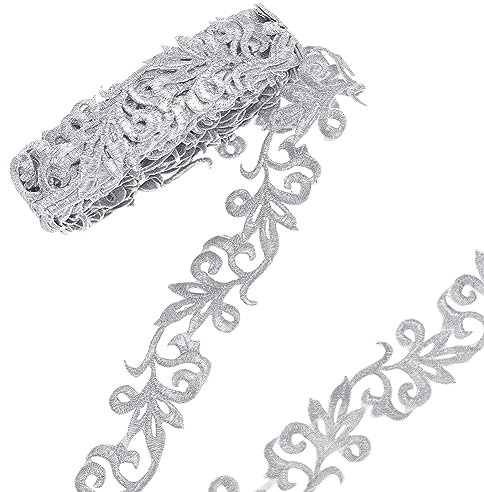 NBEADS About 4.37 Yards(4m) Silver Embroidery Polyester Ribbons, 1.38 Wide Metallic Lace Trim Iron on Metallic Flower Lace for Sewing Costumes Gowns Home Decor Garment Accessories