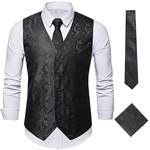 Men's Waistcoat Paisley Floral Formal Vest Jacket Sets V Neck Single Breasted Business Causal Suit Sets Tie And Pocket Square Handkerchief Vest Suit Set for Formal Wear, Working，Party Black 3XL