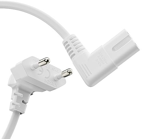 Perfect Stromkabel Netzkabel 2 Polig, 2,0m, Netzstecker Eurostecker Typ C auf Euro 8 Stecker IEC C7 Buchse, 90° Winkel Strom Kabel Netzteil für Haushaltsgeräte, PS3, PS4, PS5, TV UVM, Weiß