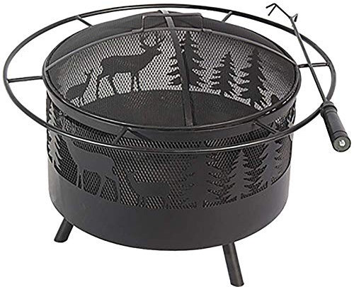 FLEAGE Feuerstelle für den Außenbereich, Fire Dance Elk Fire Pit, für draußen mit rundem Funkenschutz, Kaminschürhaken und Metallgitter, Schwarz Dignified