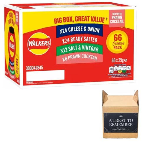 Walkers Crisps Walkers Classic Box Crisps (24 x Cheese Onion, 24 x Ready Salted, 12 x Salt & Vinegar, 6 x Prawn Cocktail) 4 Different Flavours 66 x 25g Selection Box