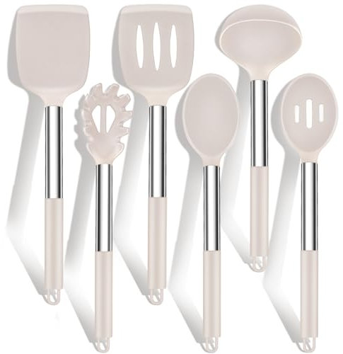 HaWare Juego de utensilios de cocina, 6 piezas de silicona con mango de acero inoxidable, antiadherente, resistente al calor, fácil de limpiar y apto para lavavajillas, color caqui