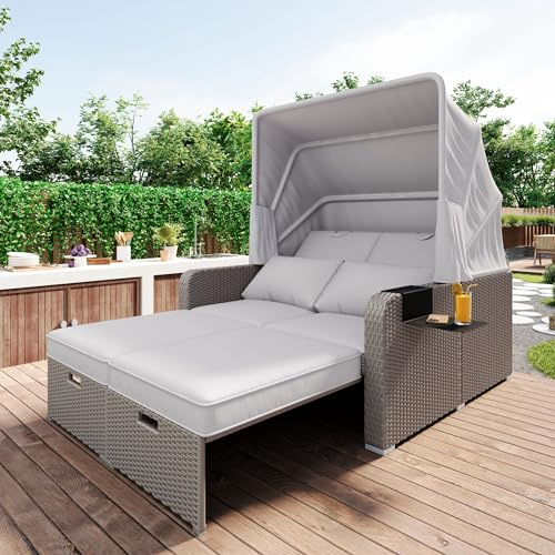 Merax Polyrattan Sonnenliege mit Baldachin, Outdoor Doppelliege mit Kissen, Rattan-Lounge, Gartenliege Liegen mit Getränkehalter, Daybed für Schwimmbad und Terrasse, Lehne 3-Fach verstellbar, Khaki