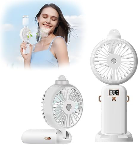 FainFun Ventilador Portátil USB, 5000mAh Mini Ventilador Portátil Recargable, 5 Velocidades Ajustables, Mini Ventilador Nebulizador para Oficina, Compras, Viajes(Blanco)