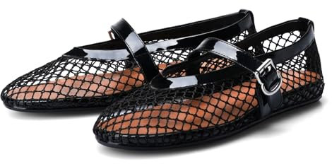 Adrizzlein Mesh Ballet Flats for Women Fishnet Ballerina Flats Buckle Strap Mesh Ballet Shoes Wide Width Casual Summer Dress Flat Shoes, Black, 4 UK