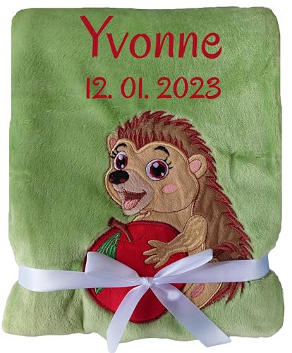 Wuff-Dogsworld Babydecke viele Farben & Motive mit Namen/Geburtsdatum Bestickt Geschenk Baby (grün Igel)