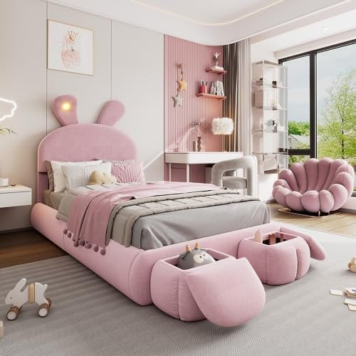 Polsterbett 90x200 cm, Kinderbett mit 2 Aufbewahrungshockern und LED-Nachttischbeleuchtung, ausklappbare Hasenohren, LED Bettgestell für Mädchen, Jugendbett mit Lattenrost, Samt, Rosa, ohne Matratze
