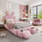 Polsterbett 90x200 cm, Kinderbett mit 2 Aufbewahrungshockern und LED-Nachttischbeleuchtung, ausklappbare Hasenohren, LED Bettgestell für Mädchen, Jugendbett mit Lattenrost, Samt, Rosa, ohne Matratze