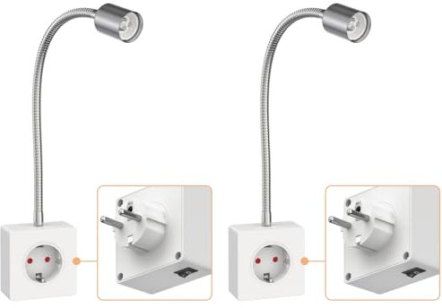 ledscom.de 2 Stück Steckdosenleuchte/Leselampe LESCH, Schwanenhals, Schalter, chrom/weiß, 1x GU10 max. 10W