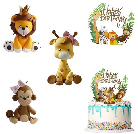 4Pcs Animal Cake Toppers - Safari & Jungle Cake Decorations with Giraffe, Monkey, Tiger for Birthday Parties