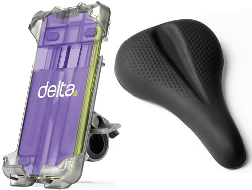 Delta Cycle Fahrrad-Handyhalterung und HexAir Touring Peloton-Sitzkissen-Set – Fahrrad-Handyhalterung für Lenker passend für jedes Handy oder iPhone bis zu 8,9 x 19,8 cm – Fahrradsitzbezug mit