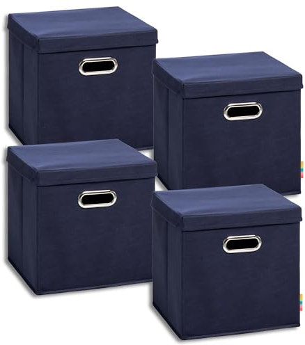 Storanda | 4er Set Aufbewahrungsbox mit Deckel 28x28x28 cm | Beiseitig Breite Griffe | Stabil & Faltbar | Regalbox für Würfelregal | Dunkelblau