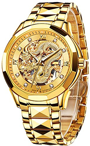 JSDUN Herren-Armbanduhr, automatisch, mechanisch, hohl, Drachenuhr, luxuriös, formell, goldfarben, Diamanten, 50 m, wasserdicht, Wolframstahl, leuchtende Uhr