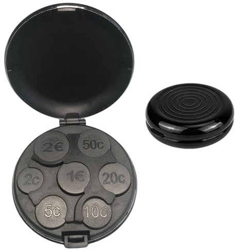 Zerquell Hartschalen Münz Organizer, Münzsammlung Organizer, Multifunktionaler Tragbarer Münzspender, Kleine Runde Aufbewahrungsbox für Kleingeld, 5 Münzen pro Fach (Schwarz)
