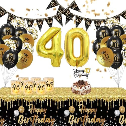 Fakindiy 40 Geburtstag Deko Mann 40 Geburtstag Männer Deko Schwarz Gold Ballons Zahl 40 Folienballons Happy Birthday Girlande Tischdecke Ballon-Kette Geburtstagsparty Deko Set für Männer