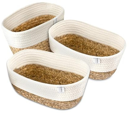NORDIS DESIGN Aufbewahrungskörbe 3er Set aus Wasserhyazinthe und Baumwolle, Bad Aufbewahrungskorb geflochten zur Badezimmer Aufbewahrung & Bad Organisation cremeweiss-natur